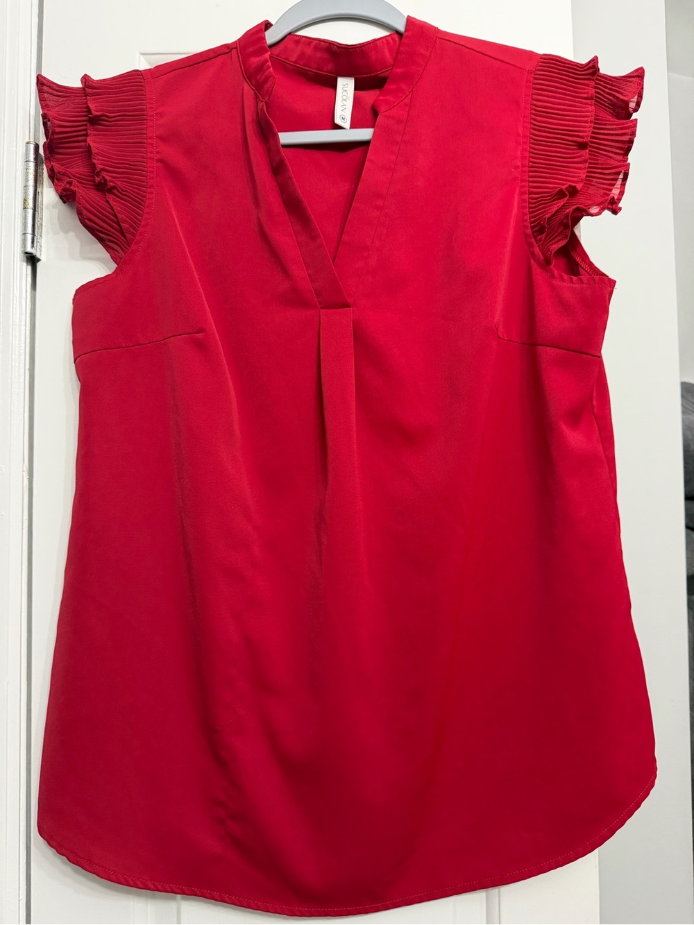 Pleated Flutter Sleeve V-Neck Blouse - Red